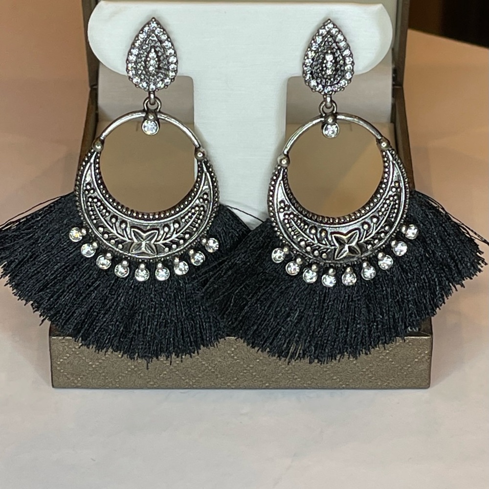Pretty Black Fringe Earrings with Crystal Details